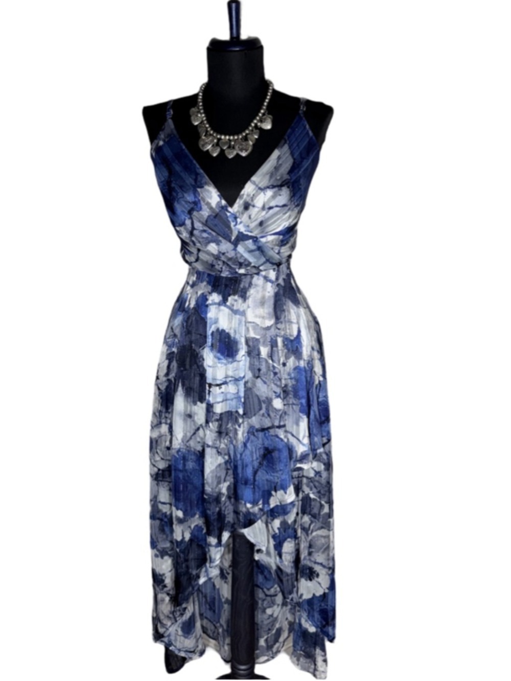 Lulu's cocktail dress blue white abstract floral asymmetrical Fairy festival M